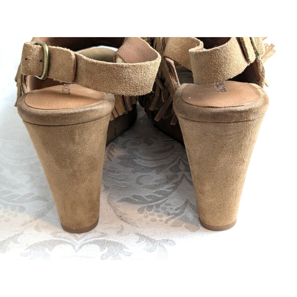 Lucky Brand Tan Suede Wedge Fringe Slingback Boho Festival Platform Shoes 7M - Picture 6 of 9